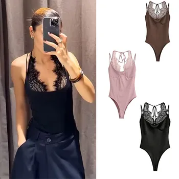 Women's Sexy Nightclub Party Pink Jumpsuit, Spliced Lace Sleeveless Tight-Fitting Jumpsuit, 2026 Fashion Women's Slim Top 1