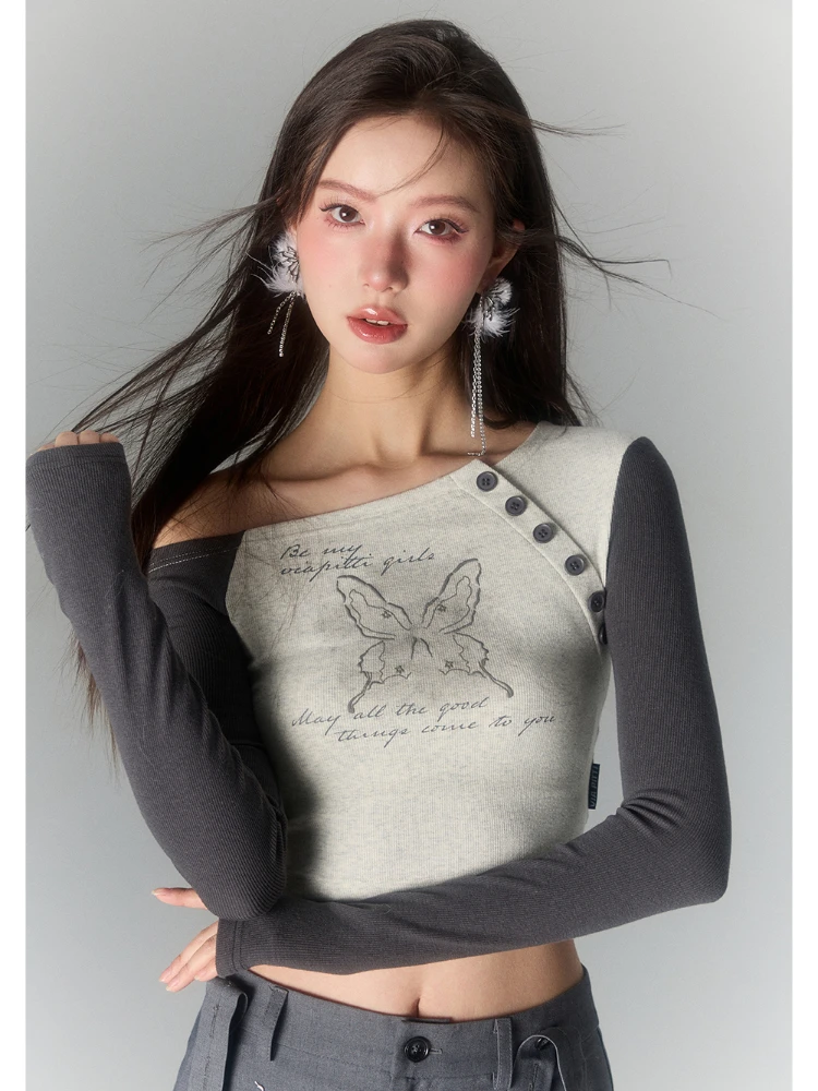 

ADAgirl Butterfly Graphic T Shirts Women Y2k Tops Long Sleeve Crop Harajuku Streetwear Gothic Tees Causal Aesthetic Girl Clothes