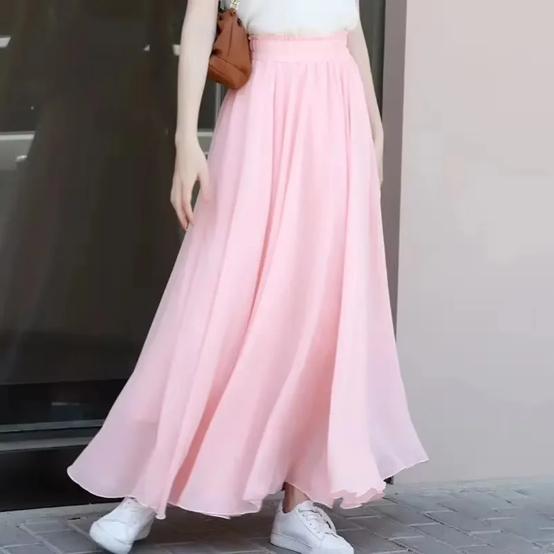 Women Summer Chiffon Dance Skirts Plus Size Full-Length Skirt High Waist Elegant Pink Black Red Royal Blue White Long Skirts 3