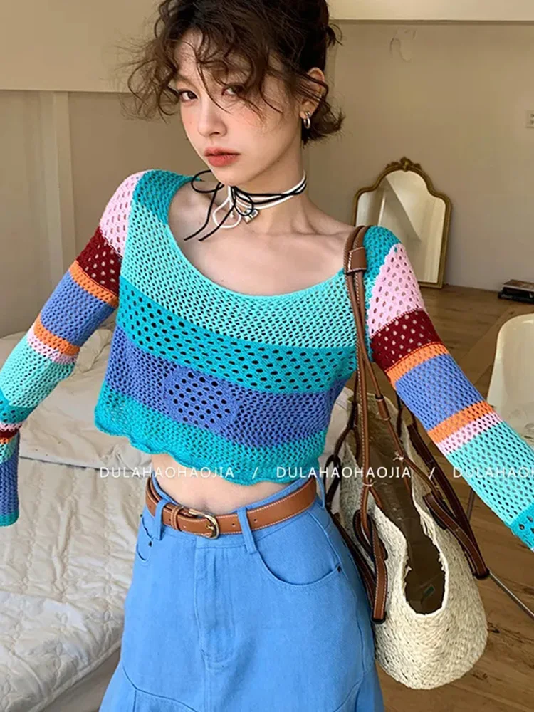 

Jmprs Designed Women Rainbow Striped Sweater Sexy Hollow Out Flare Long Sleeve Knitted Crop Tops Causal Fall Female Jumper