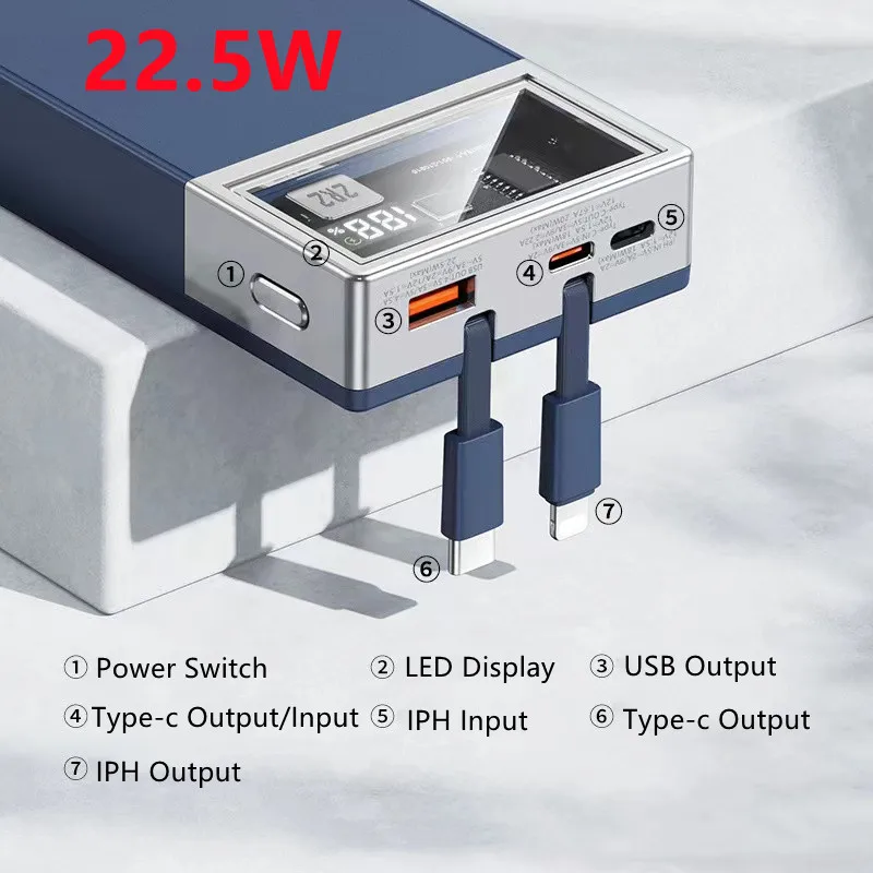 

PD22.5W Super Fast Charging Transparent Charging Treasure 20000mAh Self-Contained Mobile Power Supply For Xiaomi Apple Huawei