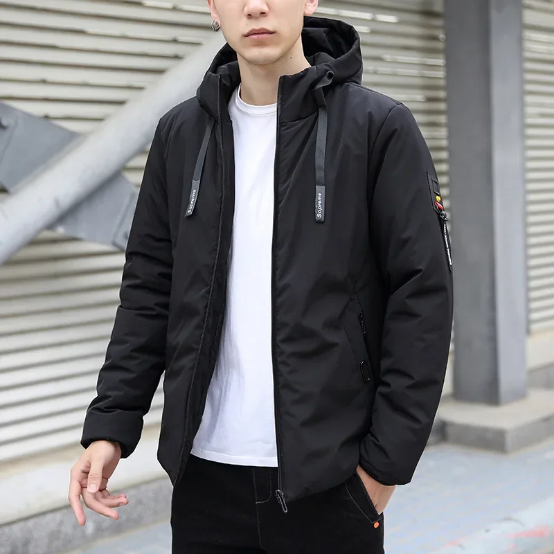 Men Cotton Hooded Jacket Winter Brand Parka Warm Thickened Solid Color Business Casual Coat Jackets