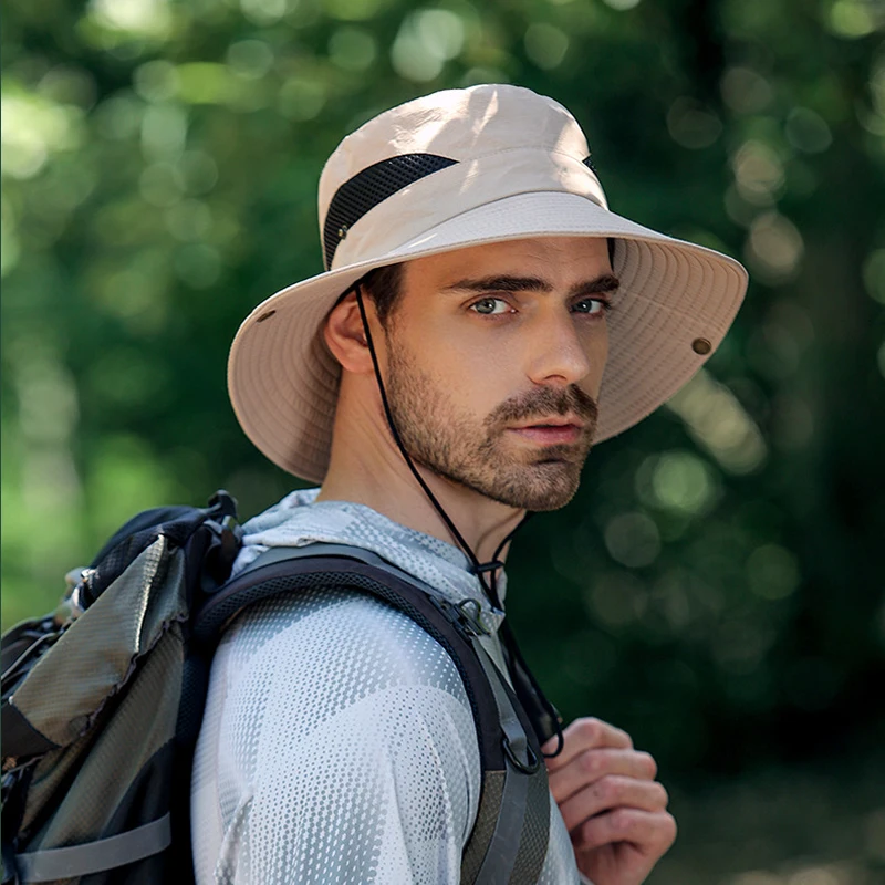 Men Fisherman Hat Sunscreen Cap Breathable Mesh Outdoor Travel Fishing Climbing Hiking Hunting Large Brim Bucket Hat Fashion