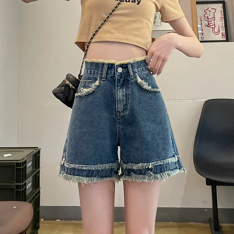 

New Summer Women High Waist Button Wigh Leg Jeans Shorts Casual Female Loose Fit Blue Denim Shorts