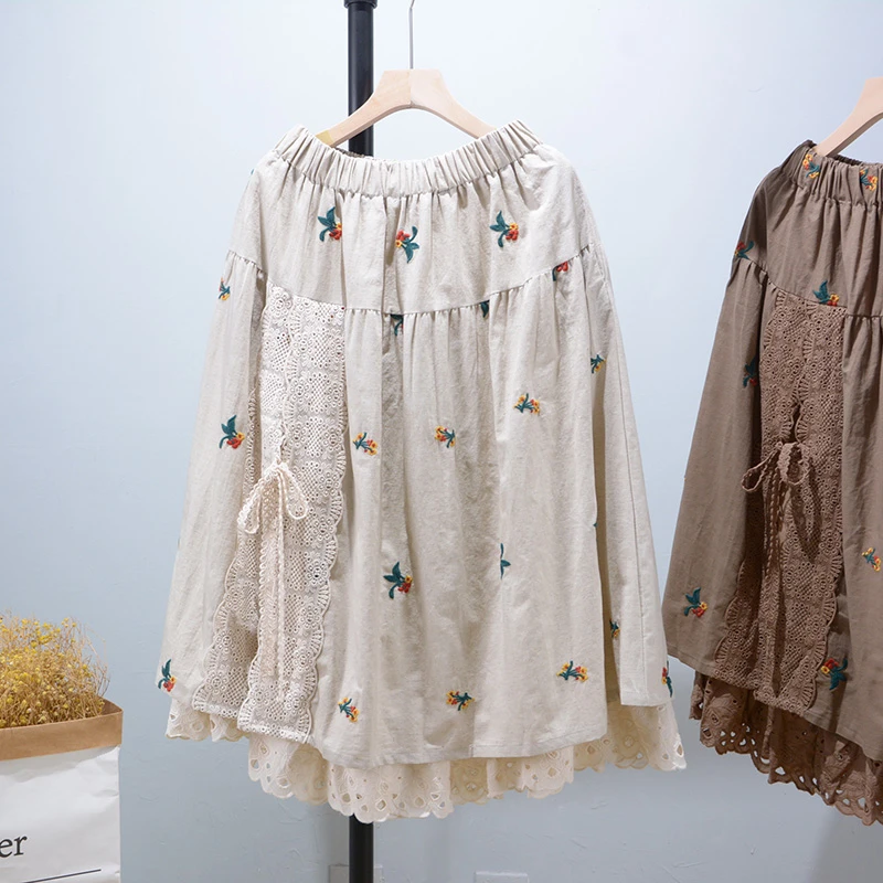 Spring Summer Japan Style Cotton Linen Skirt Elastic Waist Lace Stitching All-match Mori Girl Sweet Embroidery A-line Skirt silk skirt