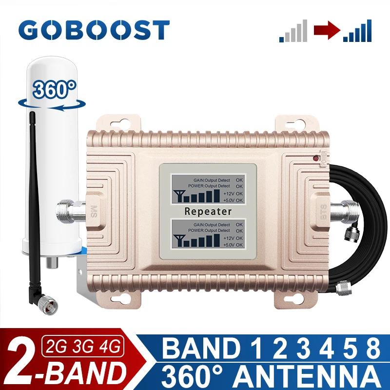 

Усилитель сотовой связи GOBOOST двухдиапазонный, 2G, 4G, усилитель сигнала 850, 900, 1700, 1800, 1900, 2100 МГц, ретранслятор сотового телефона, комплект антенн на 360 °