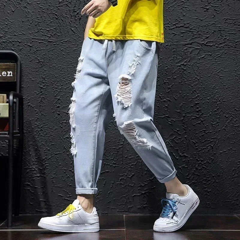 Loose Male Cowboy Pants Cropped Trousers Ripped Broken with Holes Men's Jeans Baggy Torn Japanese Street Style Korean Trend
