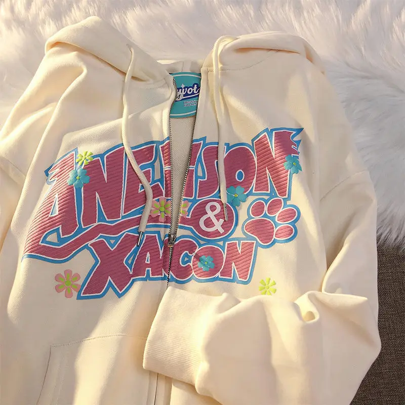 Hoodies Retro Letter Printing Sweetwear And Cool Women Early Spring New American Style Couple Sweatshirt Cardigan Jacket 2023