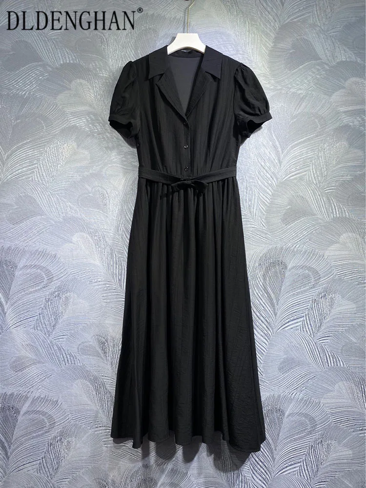 

DLDENGHAN Spring Summer Dress Women Turn-down Collar Lantern Sleeve Bow Belt Black Office Lady Single Breasted Dress Runway New