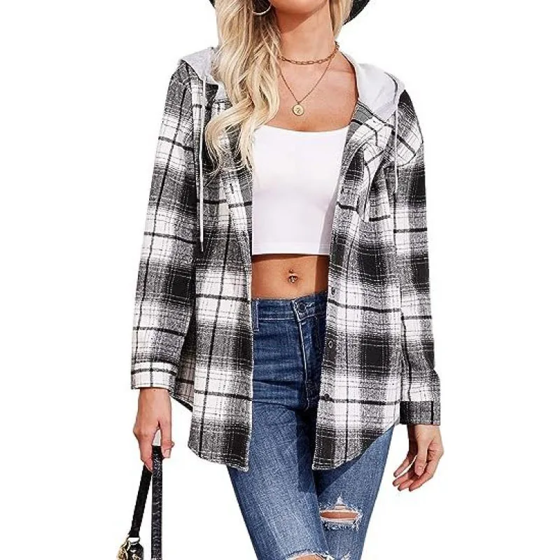 2023 New Autumn and Winter Fashion Plaid Hooded Button Mid Length Shirt Temperament Commuter Women's Cardigan Long Sleeve