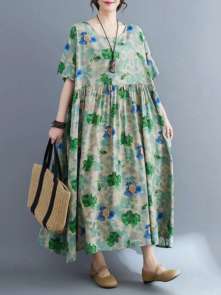 

NYFS 2023 Summer New Vintage Woman Dress Vestidos Robe Ete Femme Elbise Loose Cotton Linen Fat MM Print Long Dress