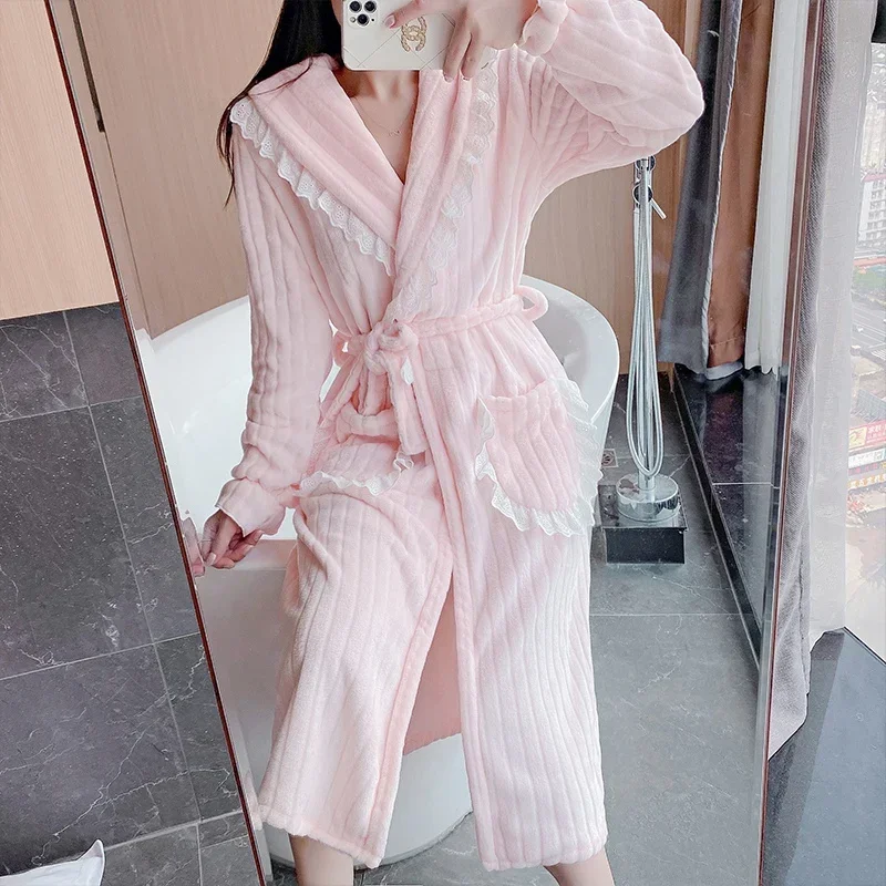 2022 Winter Long Sleeve Thick Warm Flannel Kimono Robes for Women Cute Lace Bathrobe Sleepwear Bath Robe Nightdress Night Dress
