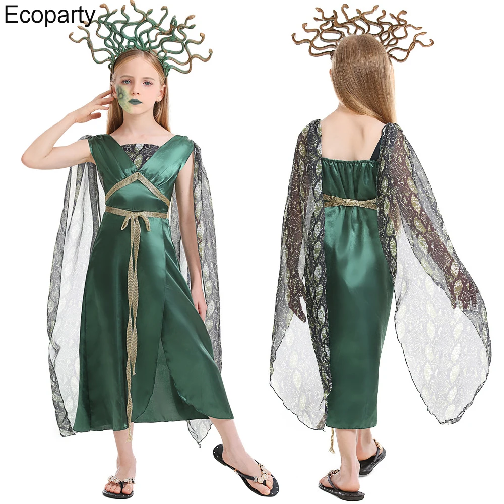 

Childs Medusa Cosplay Costume Girls Green Dress Greek Myth Snake Hydra Head Band Halloween Carnival Party Fancy Outfits For Kids