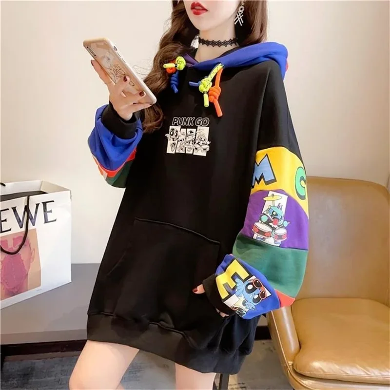Patchwork Hooded Sweatshirt Girl Spring Pullover Women Loose Hip Hop Cartoon Print Tops Cute Funny Korean High Street Hoodies
