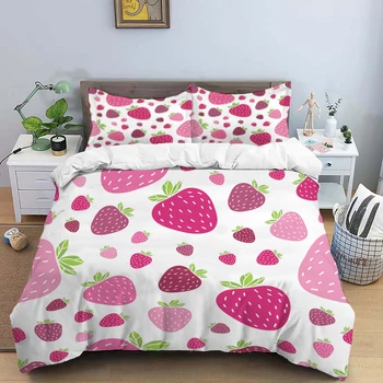 BlessLiving Strawberry Quilt Set Fresh Fruits Thin Comforter Green Leaf Summer Bedding Pink Healthy Food Air-conditioning Duvet 5
