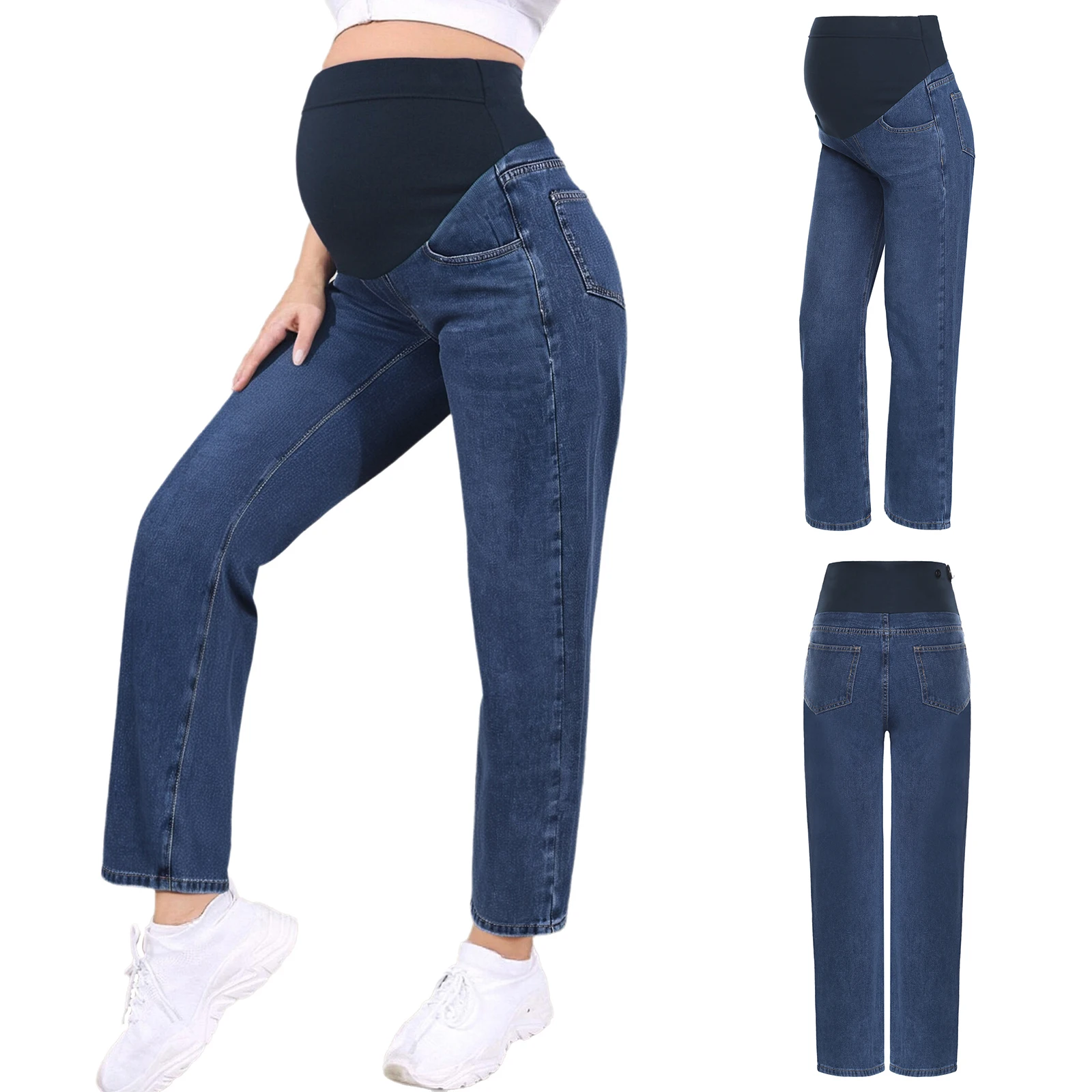 프레마마 의류 임산부 엄마 청바지 조절 가능한 하이웨이스트 바지 임산부 캐주얼 와이드 레그 데님 팬츠 포켓 포함