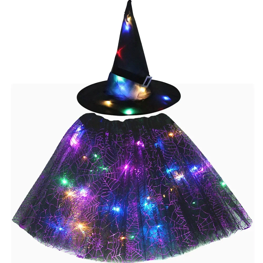 thumbnail image 1 of Luces LED luminosas para mujer, niña y niño, sombrero de elfo, bruja, falda con estrellas, telaraña, disfraz de mago, regalo para fiesta, festival de Halloween, 1 of 5