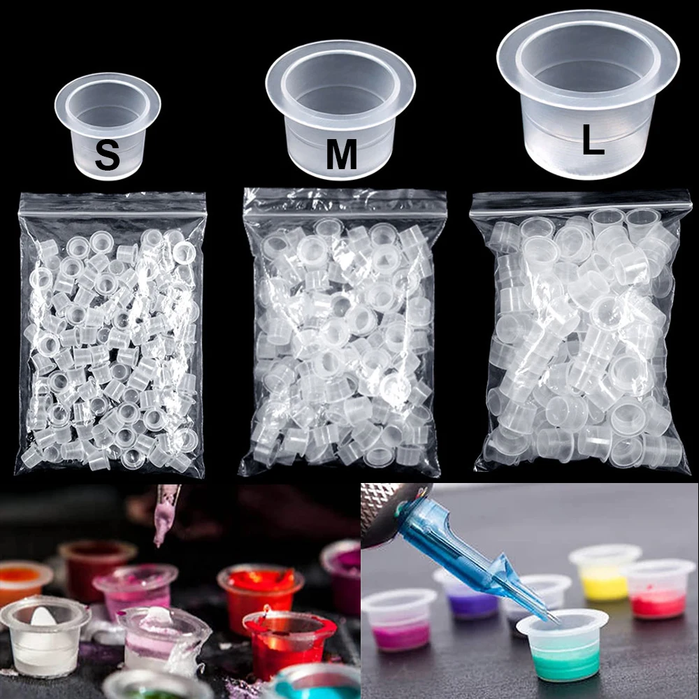 Disposable Tattoo Ink Cups 100pcs S/M/L Disposable Tattoo Ink Cups Plastic Pigment Clear Holder Container Caps Tattoo Permanent Makeup Microblading Supply