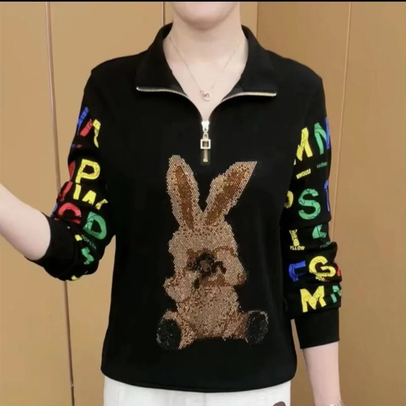 2023 New Spring and Autumn Leisure Loose Fit Slim Fashion Hot Diamond Zipper Collar Letter Printing Long Sleeve Women's Sweater