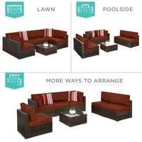7-piece modular outdoor sectional wicker patio conversation set w/ 2 pillows, coffee table, cover included - brown/dark rust 3
