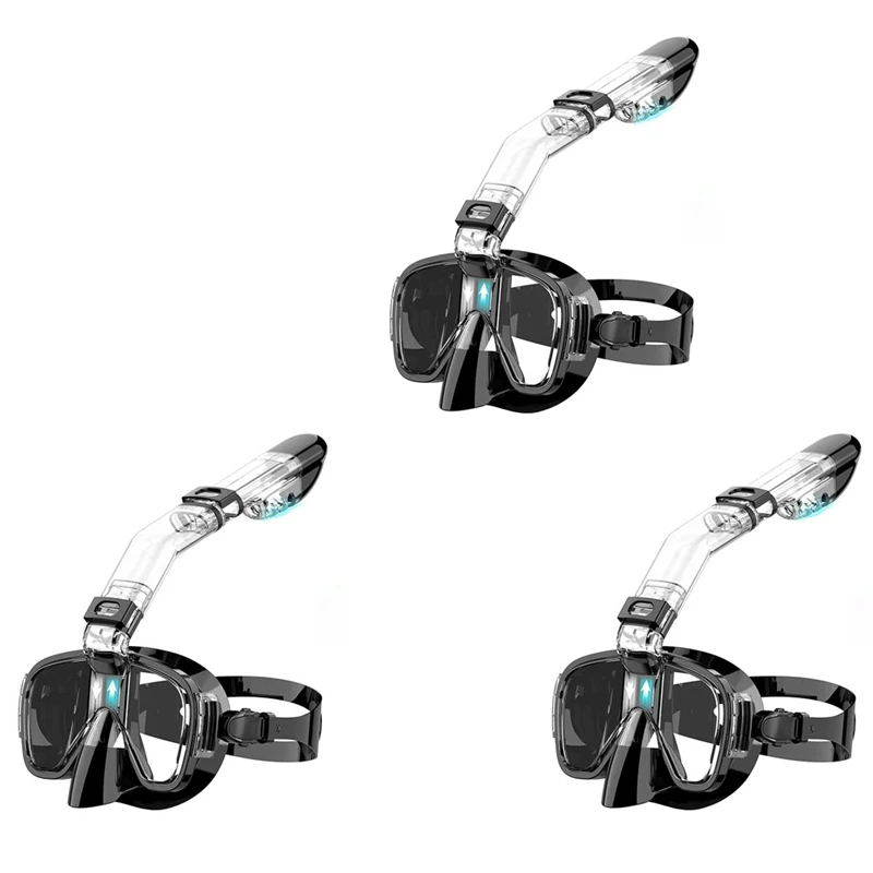 

3X Snorkel Mask Foldable Diving Mask Set With Dry Top System And Camera Mount, Anti-Fog Snorkeling Gear-Black