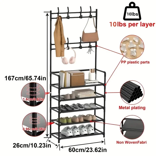 5-layer multifunctional shoe & coat rack, 23.62 inches large capacity, layered storage for tidy space, ideal for home, apartment and dorm 3