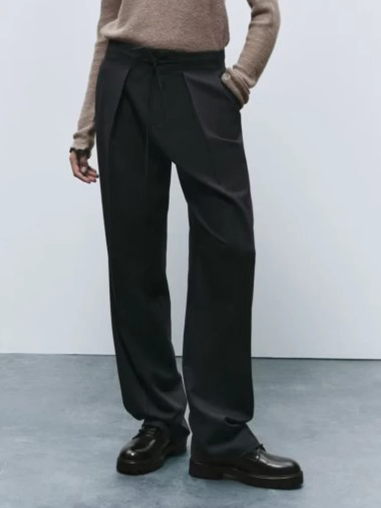 

Женские Плиссированные прямые брюки, повседневные однотонные брюки с высокой талией и карманами на пуговицах, элегантные уличные брюки, одежда для осени 2023