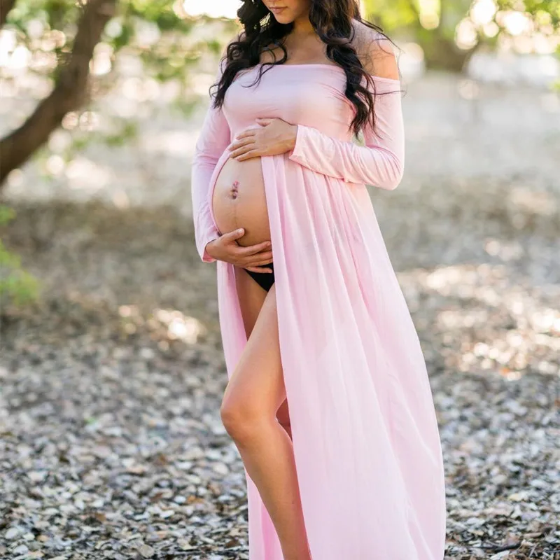 Long Sleeve Maternity Dress With Split Front Blue Maternity Dress