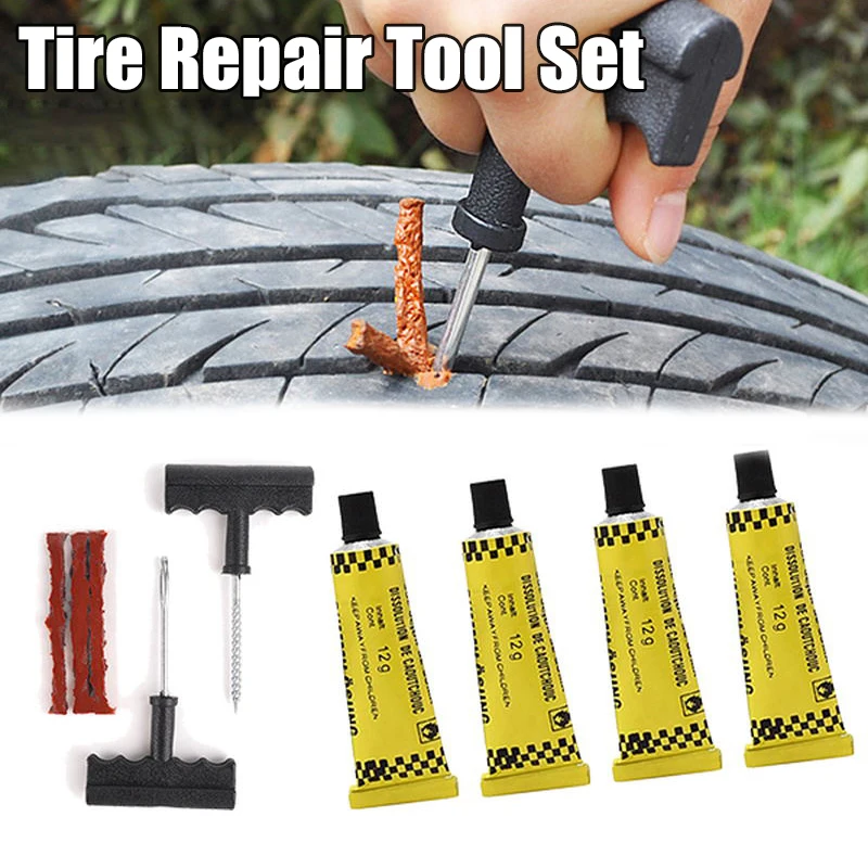 

Tire Repair Tool Set with Glue Rubber Stripes for Car Motorcycle Bicycle Tubeless Tyre Puncture Quick Repairing Kit