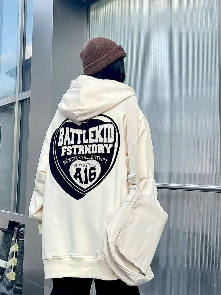 

Autumn and winter new American tide brand love hooded sweater men and women retro brown oversize lazy wind jacket women clothing