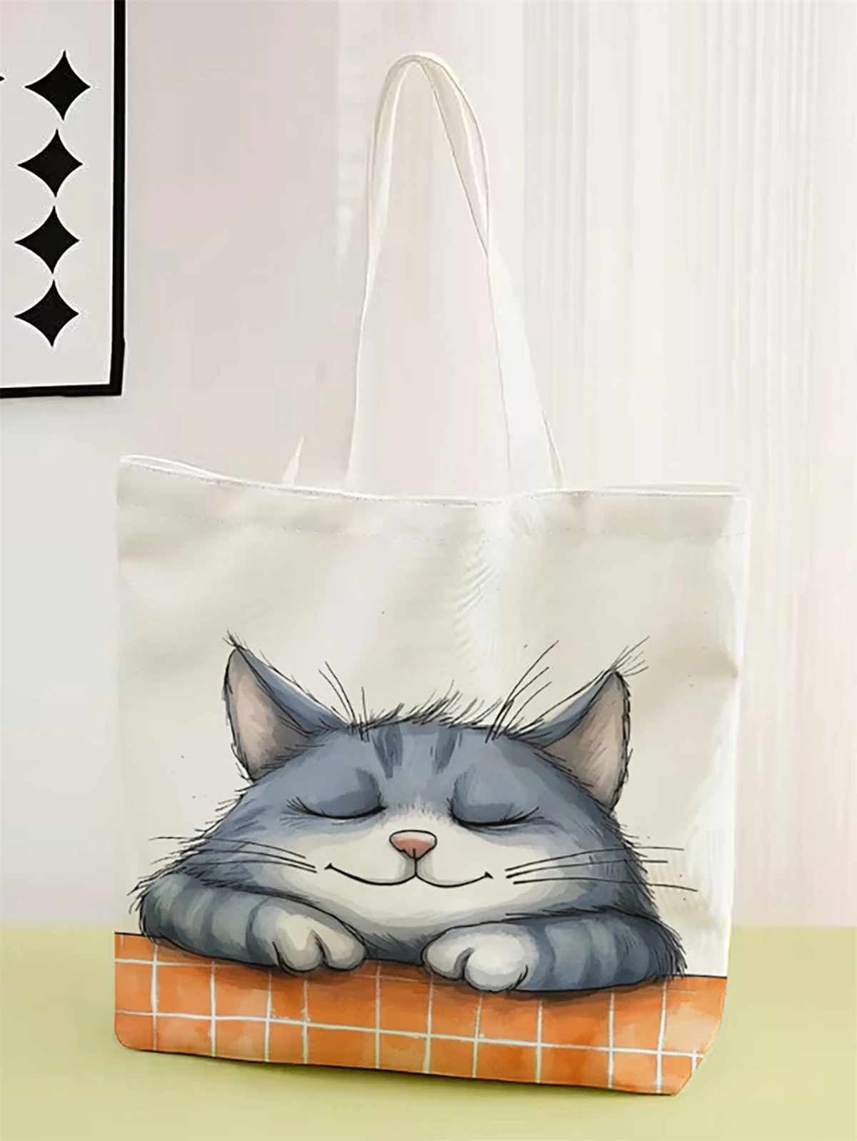 1 piece, cartoon cat pattern handbag, reusable fashionable handbag, multifunctional handbag, printed canvas shopping bag