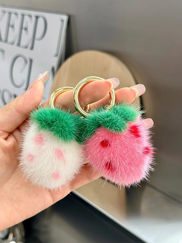  Cute Real Mink Fur Keychain Pendant Plu Ball Bag Car Stberry ape Hanging Ornament Faionable Bag Accory