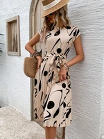 Summer Women Round Neck Pleated Medium Long Plus Size Dress - Image 4