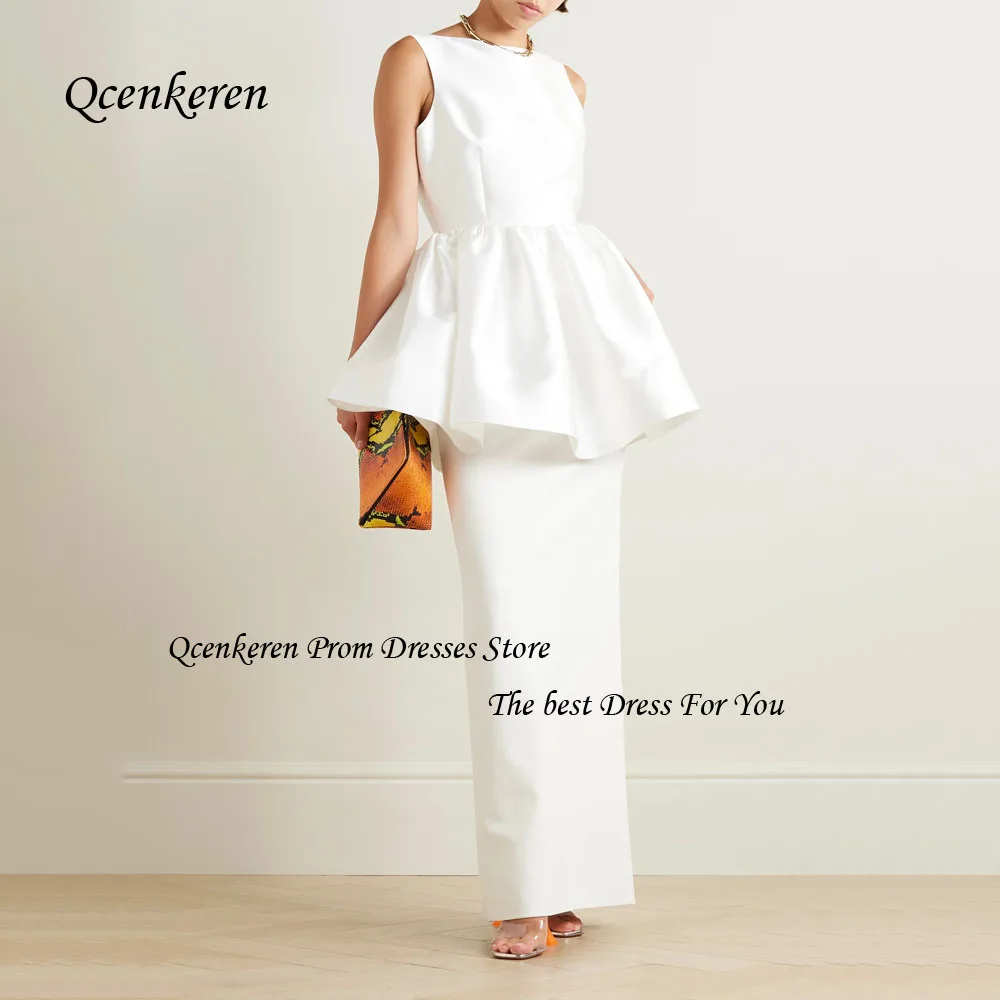 

Qcenkern White O-Neck Prom Gown Slim Satin Tiered Mermaid Evening Gown Ankle-Length Sleeveless Party Dubai Gown