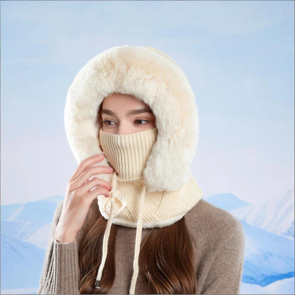 Winter Knitted Hat Ear Protection Balaclava Hat Fluffy Mask Neck Integrated Hooded Cap Outdoor Thickened Hat for Ski Cycling