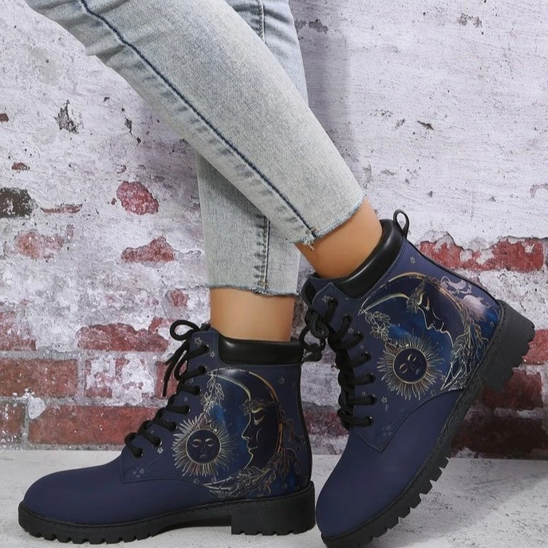Botas de piel vegana para botines con estampado de Luna y sol, para la lluvia, invierno, 2023| - AliExpress