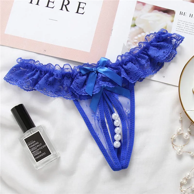 Women's Underwear Opening Crotch Pearls Thongs G-String transparent sexy panties female lace low-waist Crotchless briefs