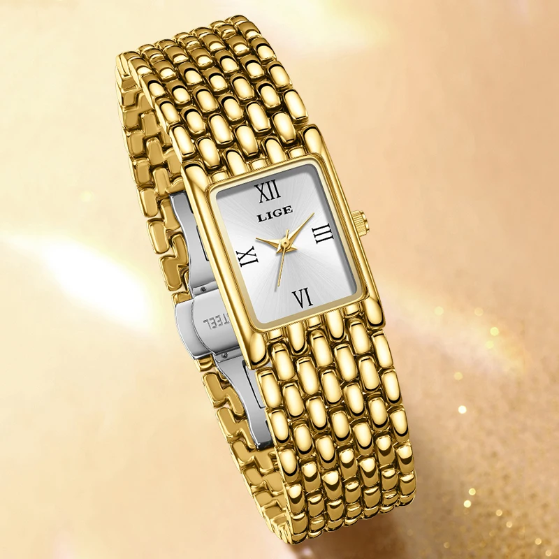 LIGE New Gold Watch Women Fashion Creative Square Quartz Women's Watches Simple Waterproof Date Chronograph Relogio Feminino+BOX