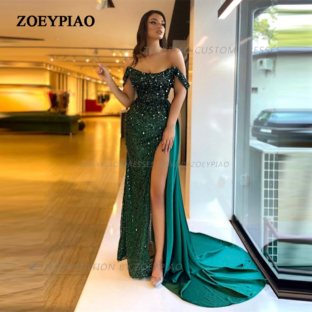 

Green Shiny Beads Prom Dresses Exquisite Celebrity Sequin High Side Slit Long Satin Occasion Evening Gown vestido de festa