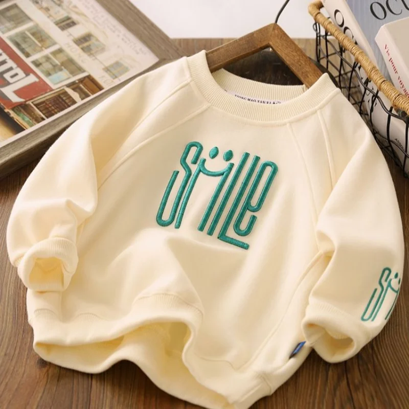 Children's Clothing Spring Autumn New Fashion Printing Round Neck Long Sleeve Casual Versatile Simplicity Solid Color Pullover