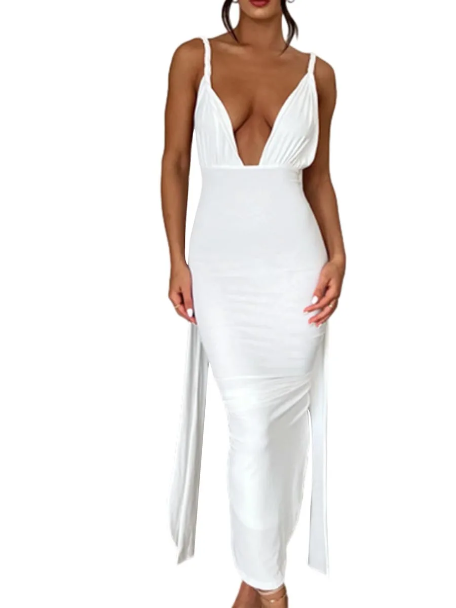 

Elegant Sleeveless Maxi Dress with Plunging Neckline and Thigh-High Slit - Women s Stylish Solid Color Evening Gown