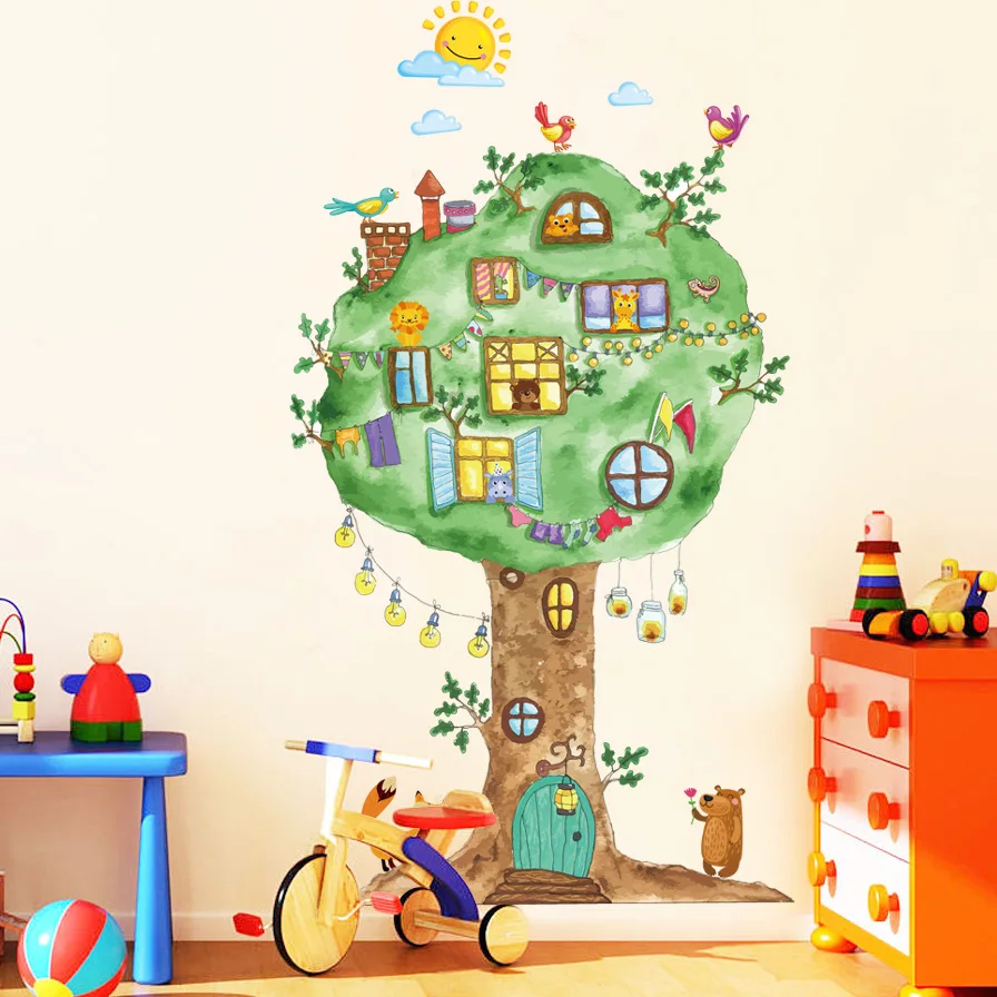 65*120Cm Cartoon Tree House Adesivi Murali In Vinile Per La Camera Dei Bambini Scuola Materna Baby Room Decorazione Murale Decorazioni Per La Casa Dec