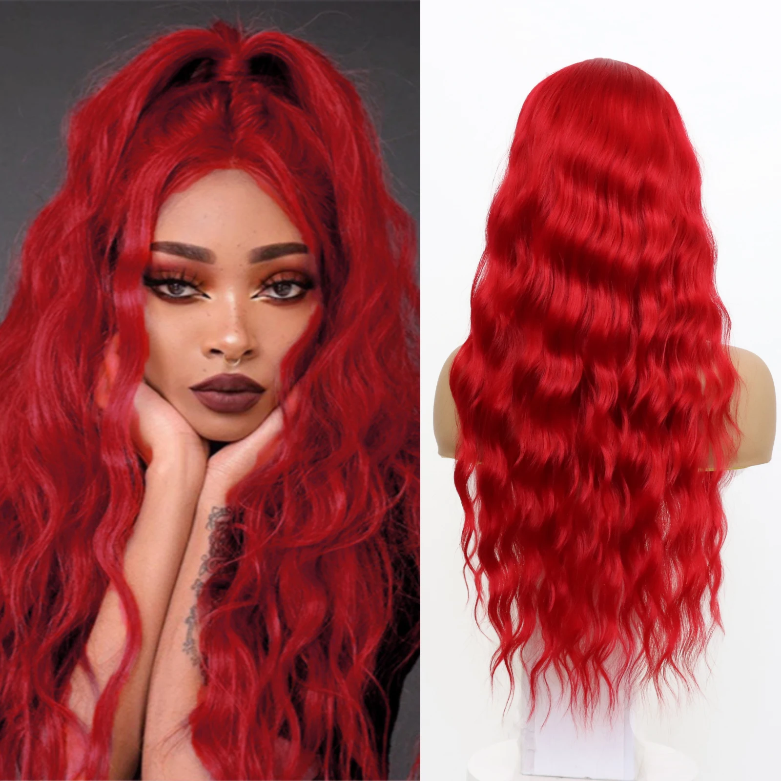NaturalRedLaceWigLongCurlyWavyRedWigMiddlePartNatural
