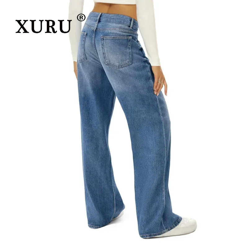 XURU - European and American New Solid Color Casual Versatile Jeans Women's Wear, Cat Beard Monkey Loose Wide Leg Jeans K8-3241