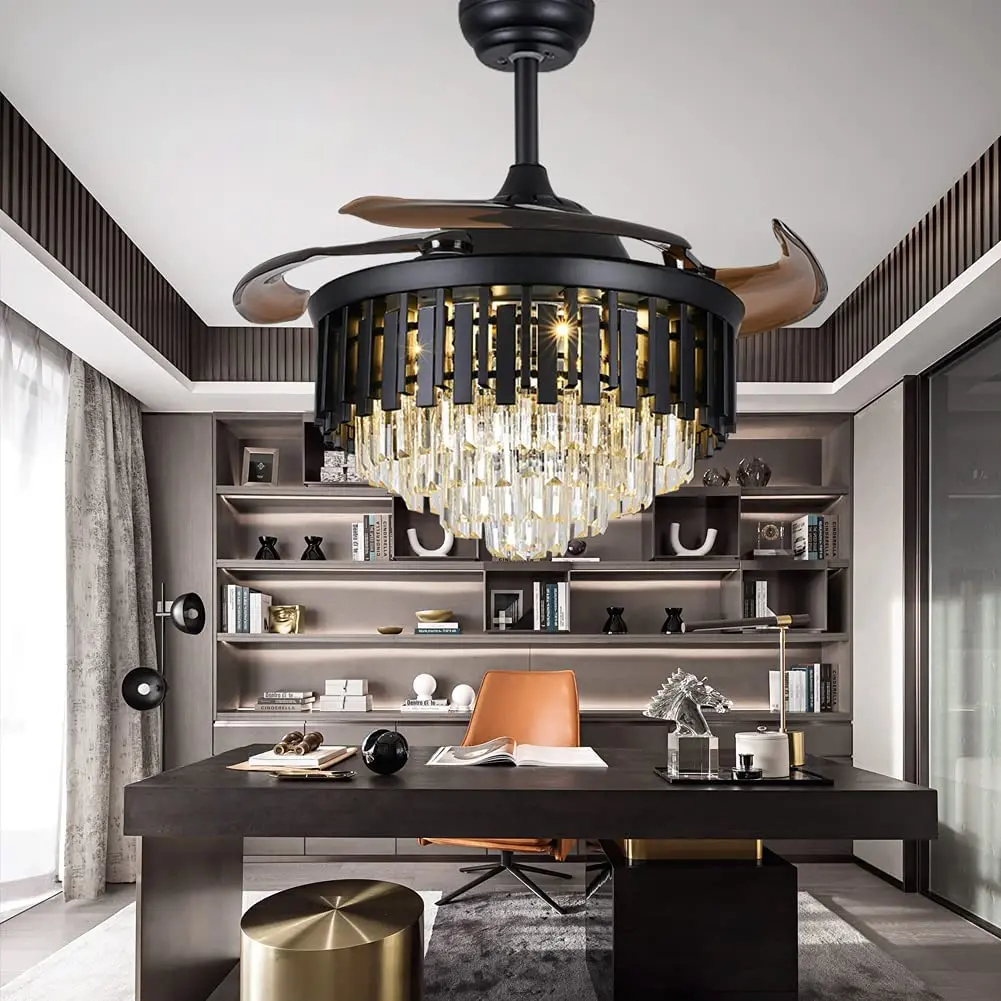 

42 Inch Retractable Ceiling Fan With Remote Control Lights Black Modern Luxury Crystal Chandelier Fans For Dining Living Room