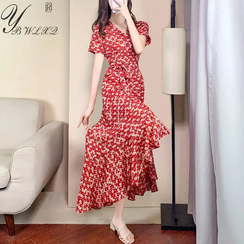 

Fashion Elegant Women Floral Dress V-Neck Slim Waist Summer Chic Maxi Dress Print Irregular Lace-Up Vacation Boho Beach Dress