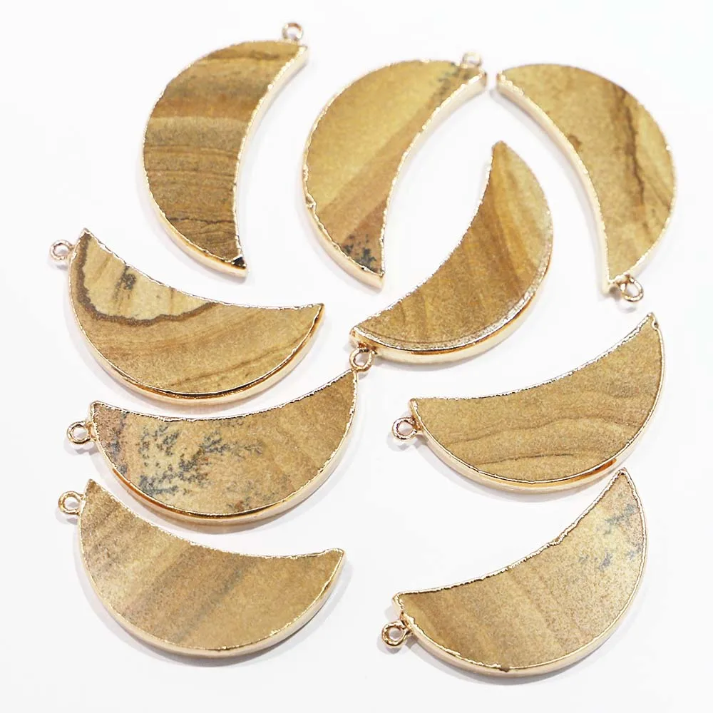Fashion Natural Picture Stone Crescent Moon Necklace Pendant Gilt Edge Reiki Charms Making DIY Jewelry Accessorie Wholesale 6Pcs