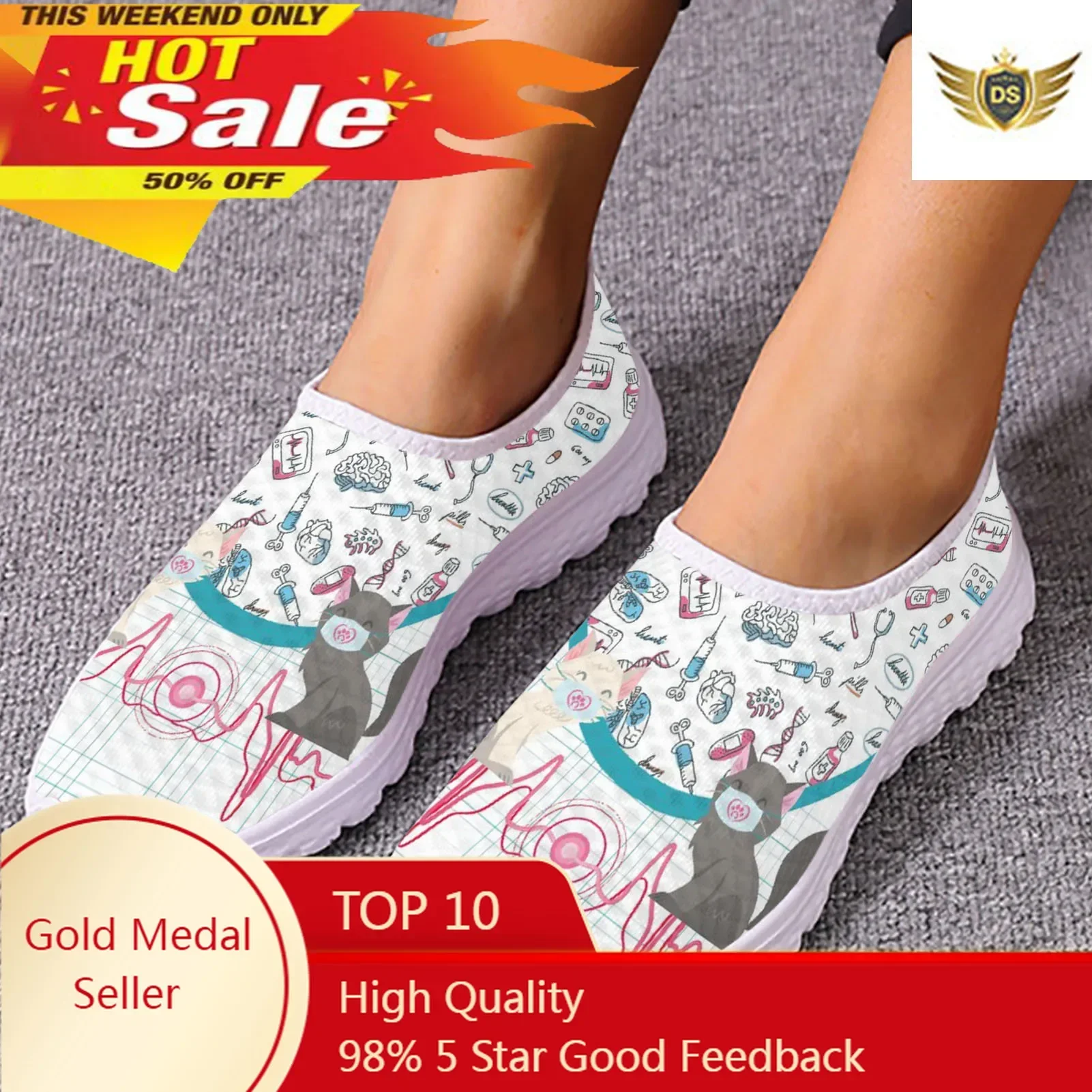 Cute Cat And Medical Tools Cartoon Female Flat Shoes ECG Cats With Mask Printed Women Mesh Sneakers Slip-on Loafers