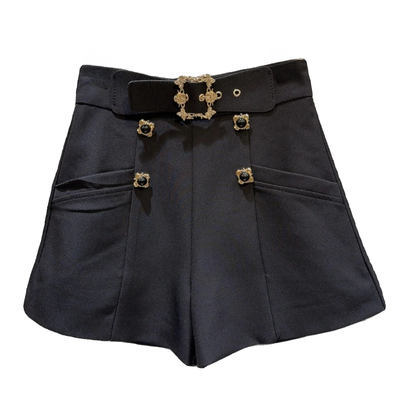 2024 Spring New Retro Metallic Belt Design Elegant Socialite Shorts for Women Fashion White Shorts Lady Black Short