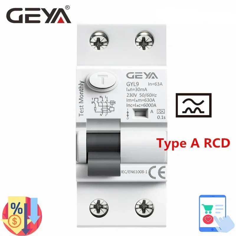 GEYA GYL9 A Type RCCB Residual Current Circuit Breaker AC ELCB 2 Pole 40A 63A 30mA 100mA 300mA RCD ELCB
